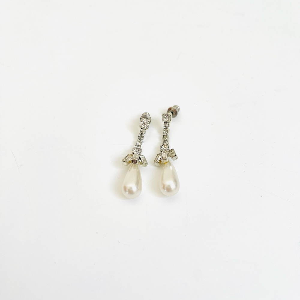 Silver and White Teardrop Pearl Earrings with Rhinestones